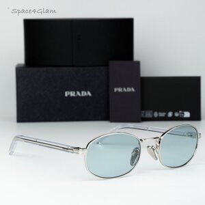 Prada Women Sunglasses Silver Azure Oval PRB53S 1BC40N NEW AUTHENTIC